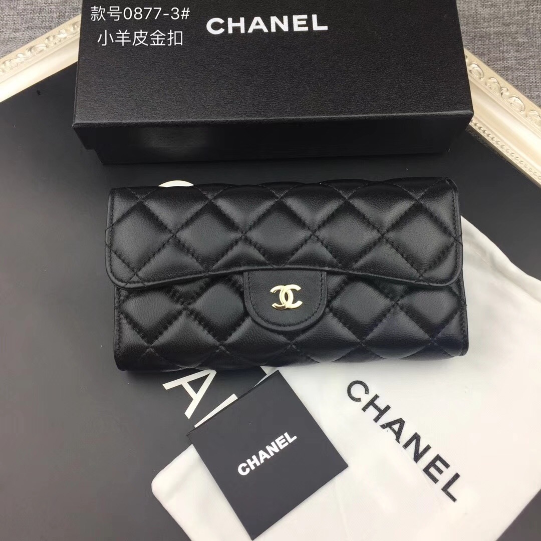 007_ZT Chanel 三つ折り財布 ケース付き 羊革 0877 19.5*10*5 - 画像 (1)