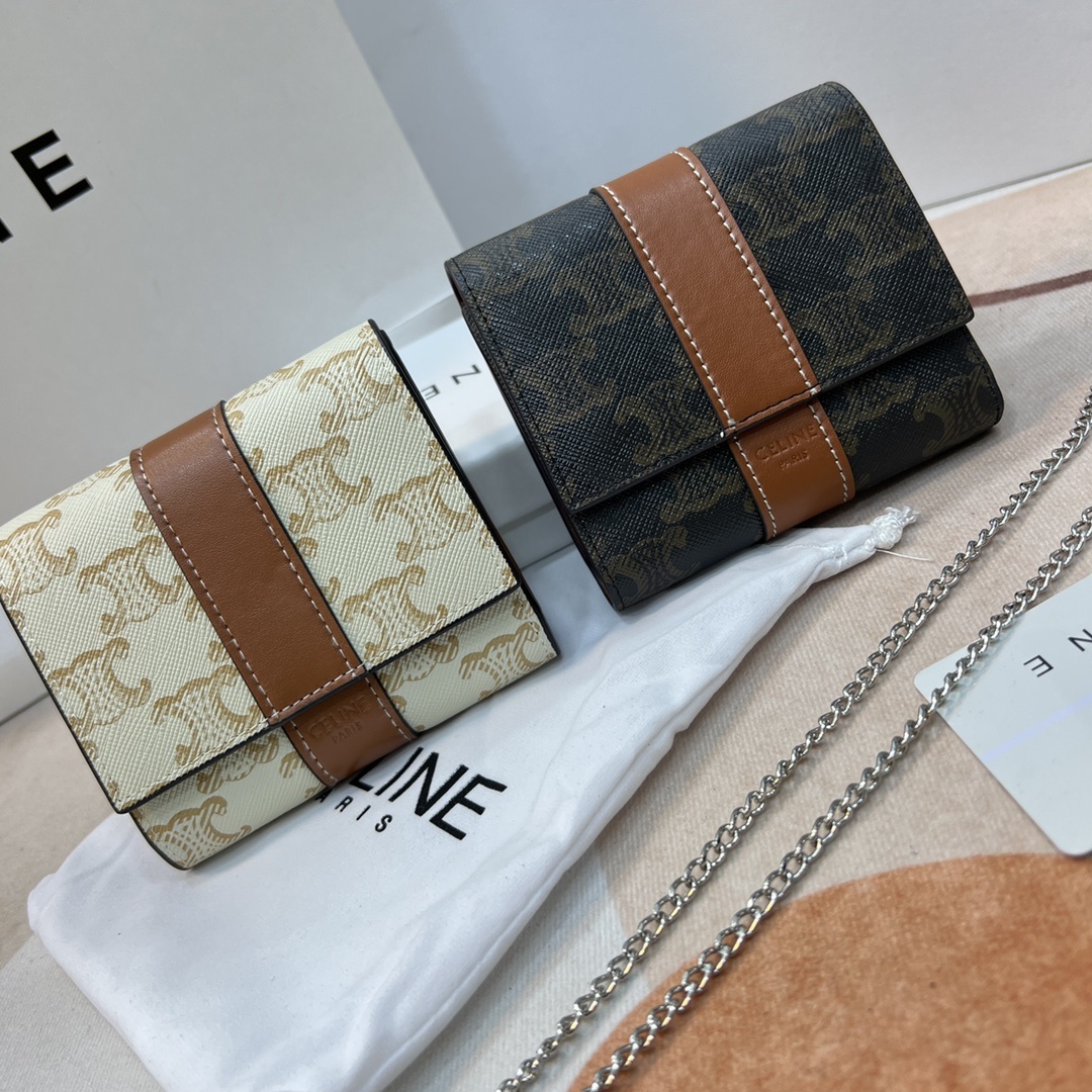 019_ZT CELINE 三つ折り財布 チェーン付き ケース付き10665 10.5*9cm - 画像 (1)